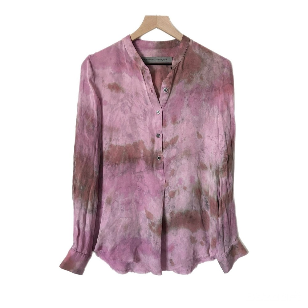 Raquel Allegra Purple Tie Dye 100% Silk Blouse Mandarin Collar Size 2, Small